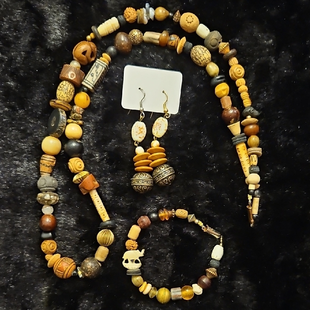 Boho Carved Wood Bead 29" Necklace, Bracelet & Earring Set - Tan Brown Metals